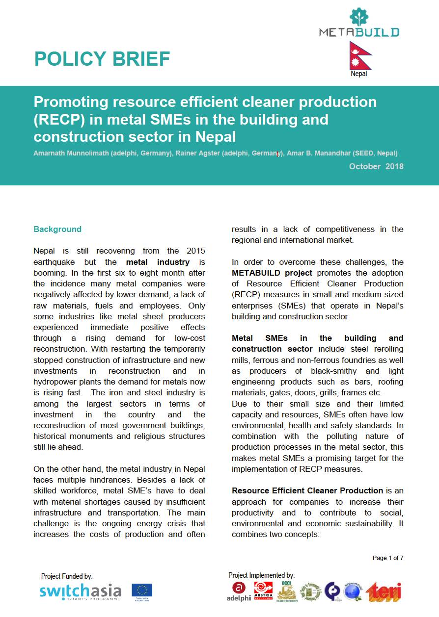 Policy Brief: Promoting resource efficient cleaner production (RECP) in metal SMEs in the building a...