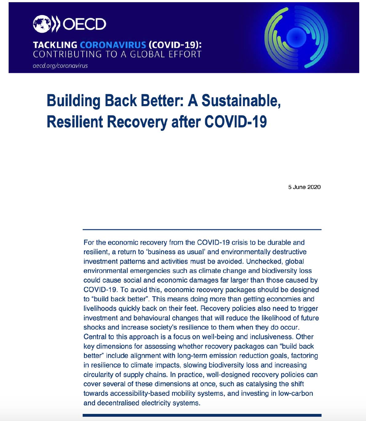 Building back better: A sustainable, resilient recovery after COVID-19