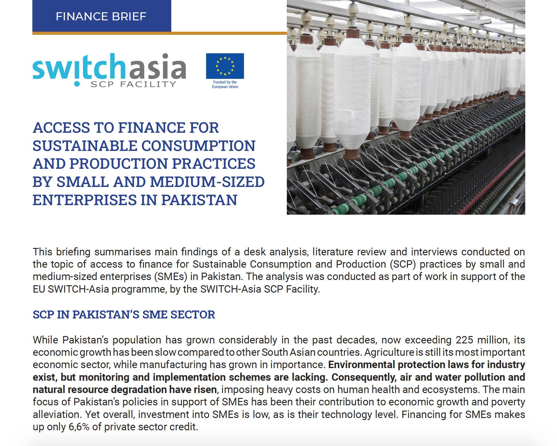 Access to Finance for SCP Practices by Small and Medium-sized Enterprises in Pakistan